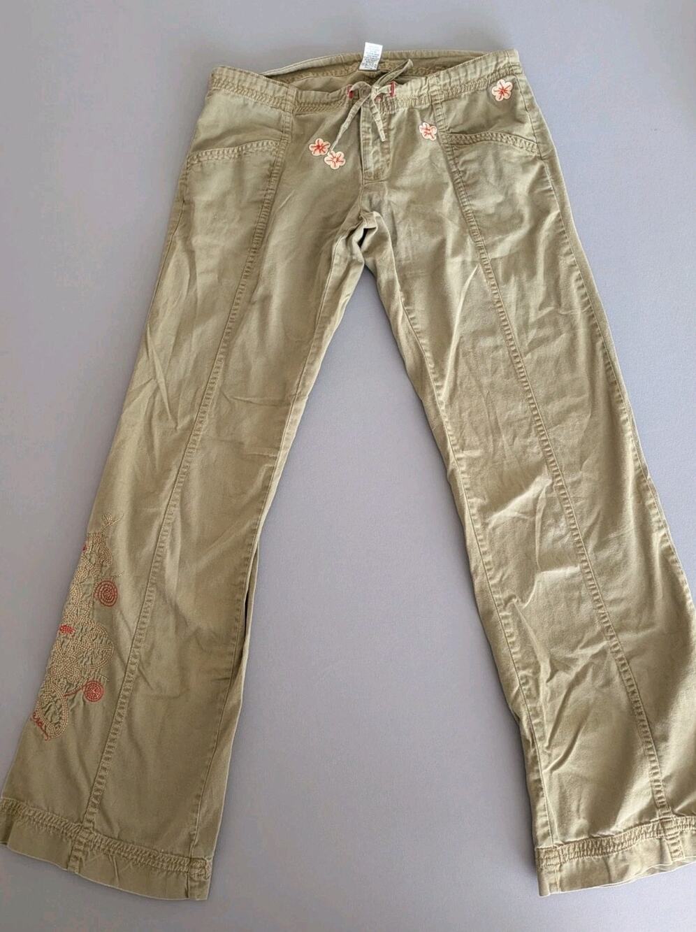 Vintage Y2K prAna Pants S Green Floral Embroidered Flare Bell Bottom Hippie